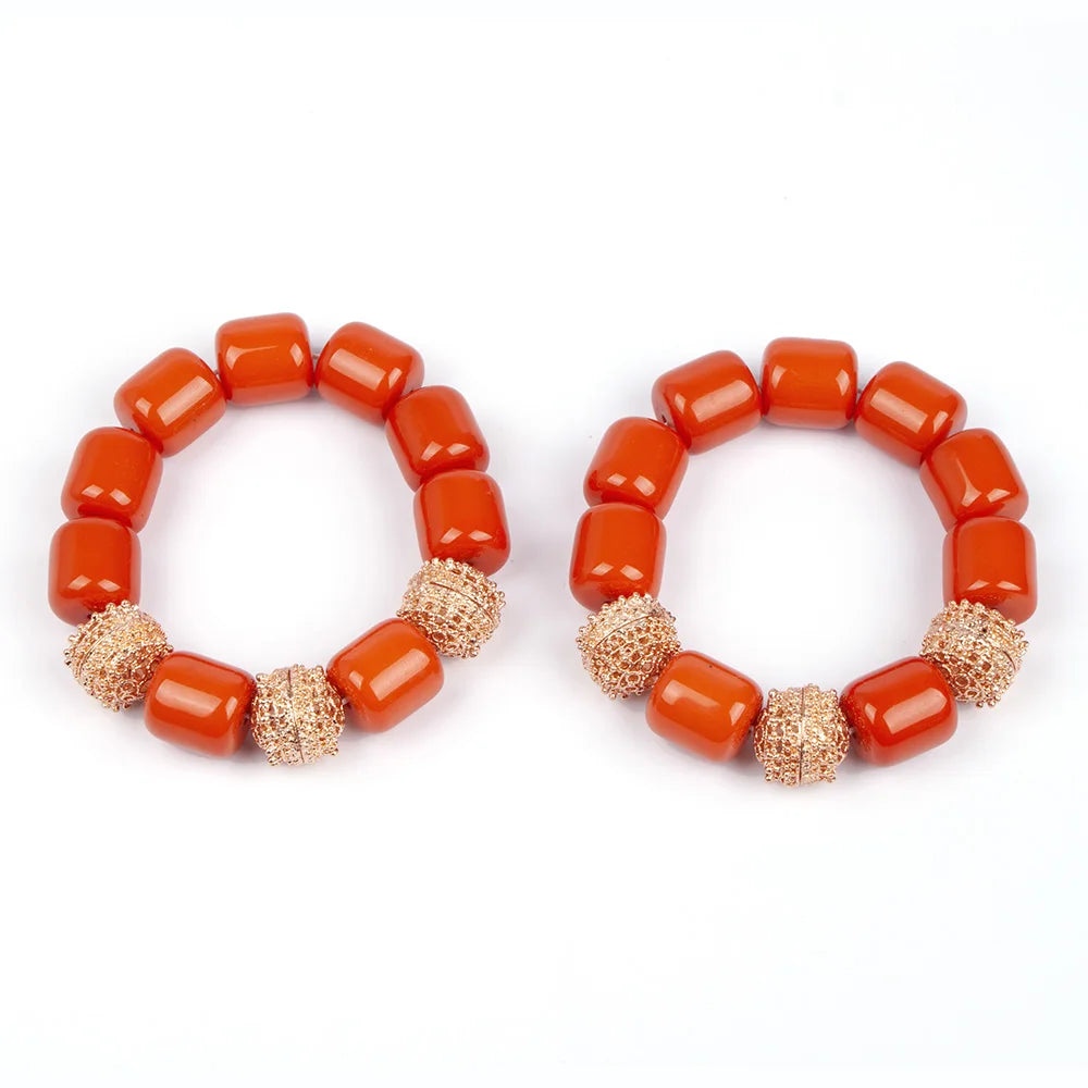 Artificial Coral Women Pendant Necklace Bracelets Earrings Suit African Wedding Jewelry Set Nigeria Bride Accessories Party Gift