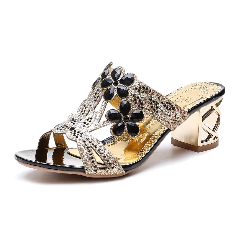 2021 New Hot Glitter Mesh Women Sandals Summer Fashion Outdoor Peep Toe Casual Beach Slippers Thick Heel Slip on Women Sandals