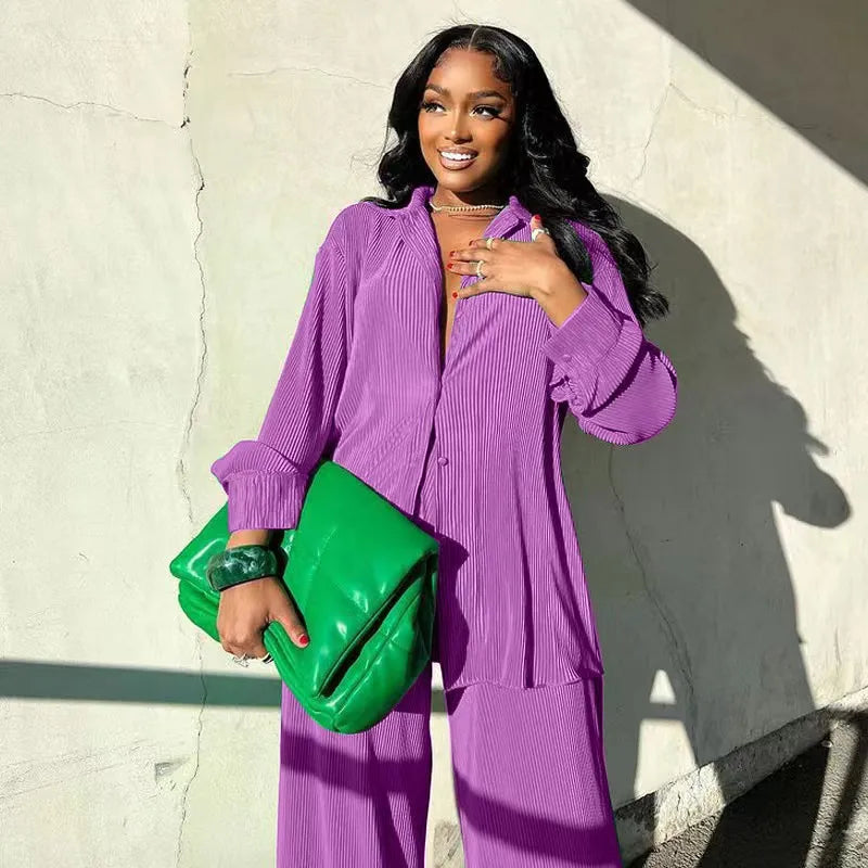 QFAF Fashion Pleated Women's Set Long Sleeve Oversized Shirt and Wide Leg Pants 2023 Elegant Tracksuit Two 2 Piece Set Outfits