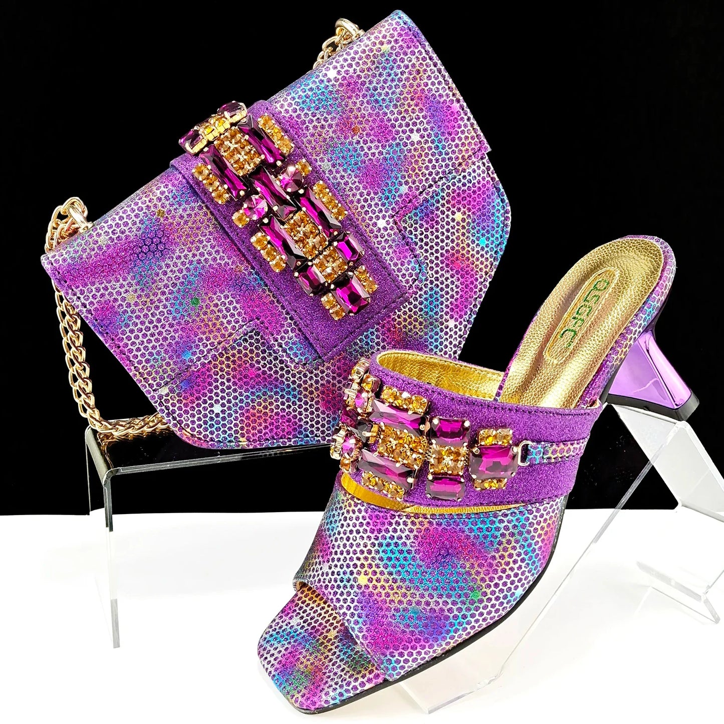 QSGFC Italian Shoes and Bags Matching Set 2024 Women Heel Party for Gold Colour Italian Design Wedding Bigger size shoes