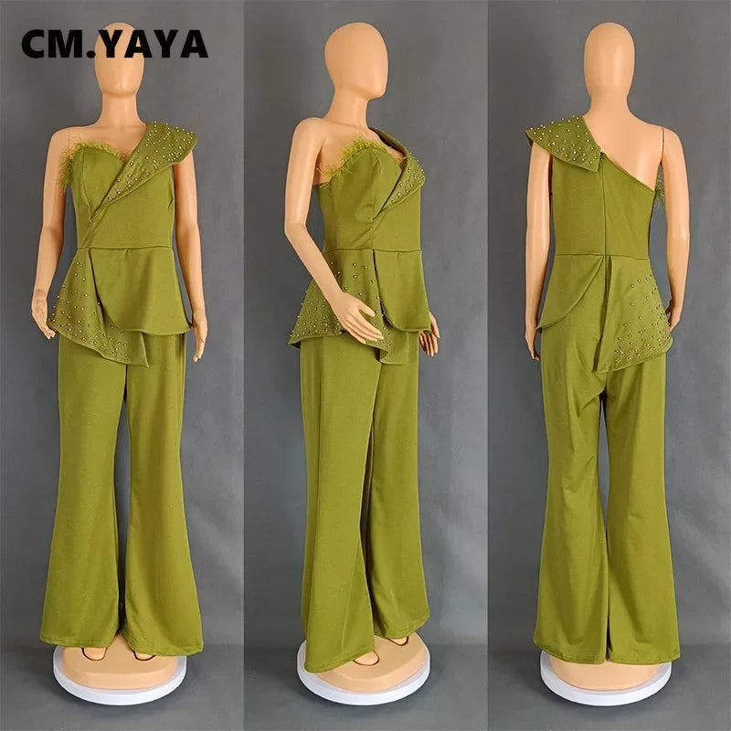 CM.YAYA Vintage Pearl Feather Sleeveless Patchwork Women Party Evening Prom Straight Jumpsuits 2024 Summer Sexy Playsuit Outfit