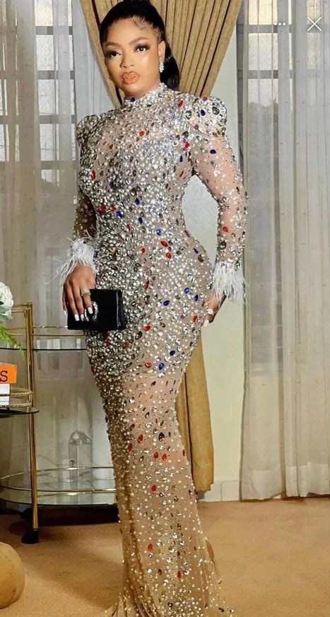 CM.YAYA Vintage Women Mesh See Though Crystal Feather Hem Long Sleeve Bodycon Midi Maxi Long Dress Sexy Party Club Dresses