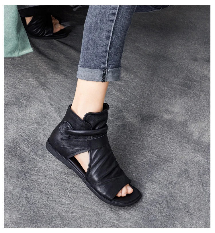 Birkuir Fashion Pleated Women Sandals Genuine Leather Flats High Top Sandals Luxury 2024 Open Toe Summer Boots Hook Loop Sandals