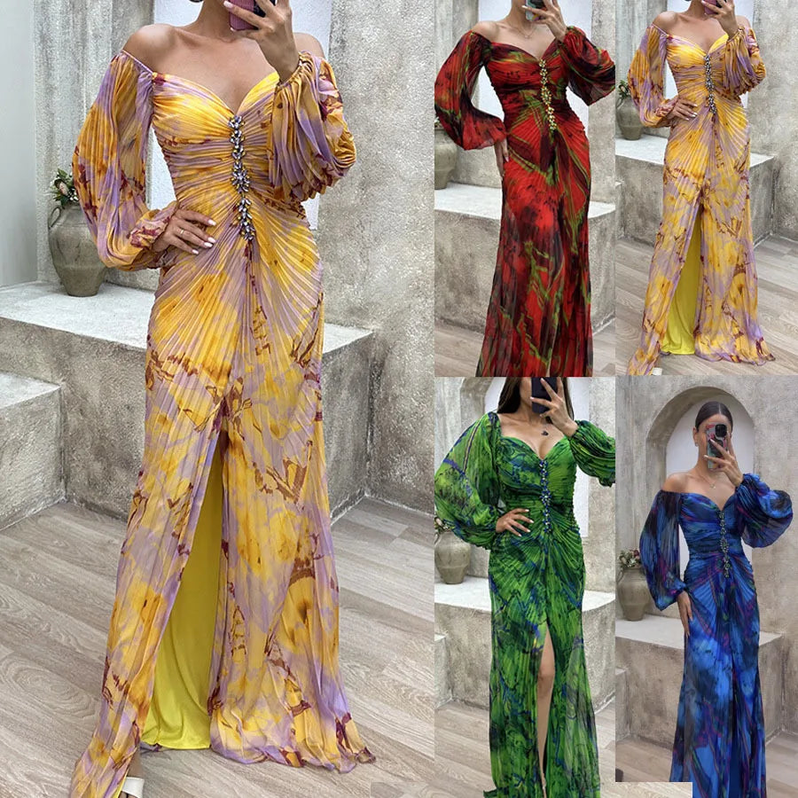 Women Floral Lantern Long Sleeve Dress Elegant Rhinestone Off Shoulder Maxi Dresses Sexy Deep V-neck  Waist Split Parties Dress