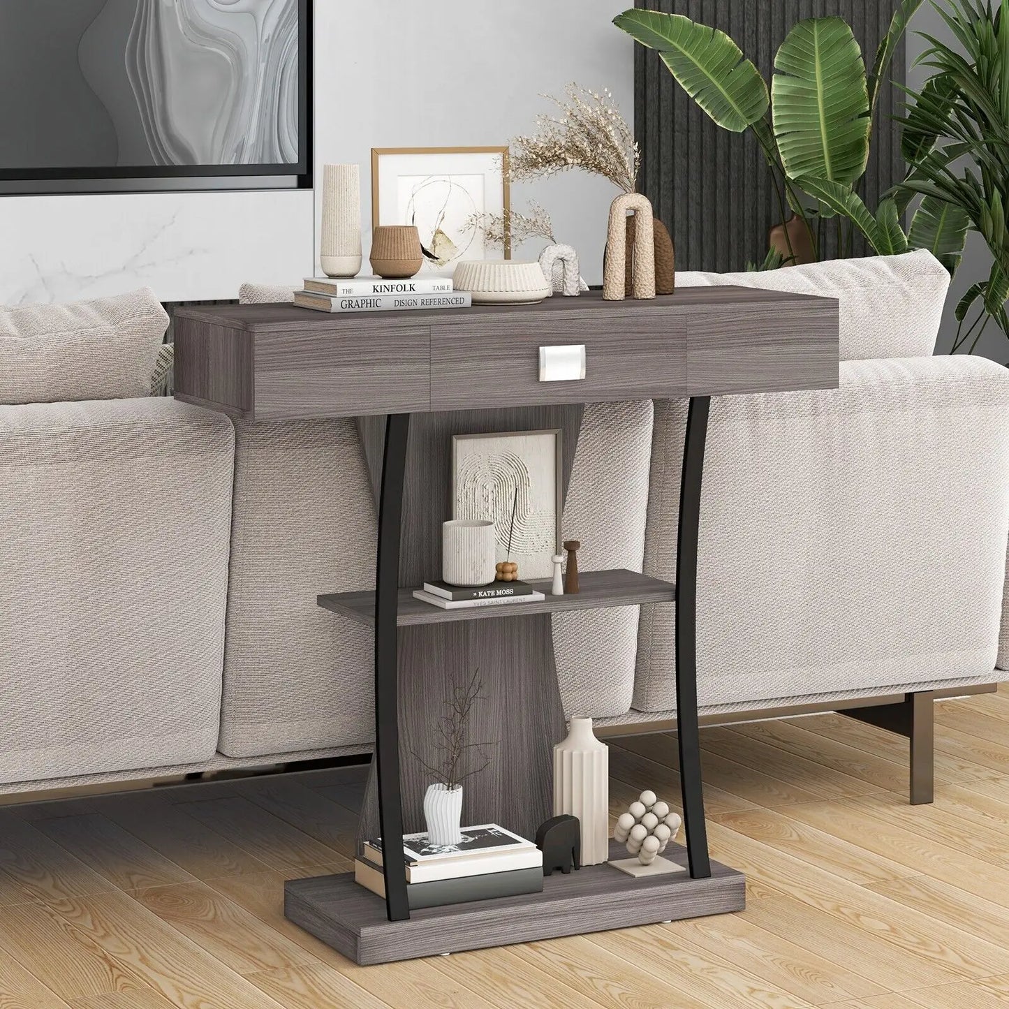 GOFLAME T-Shaped Industrial Console Table Narrow Sofa Side Table Entryway Display Shlves