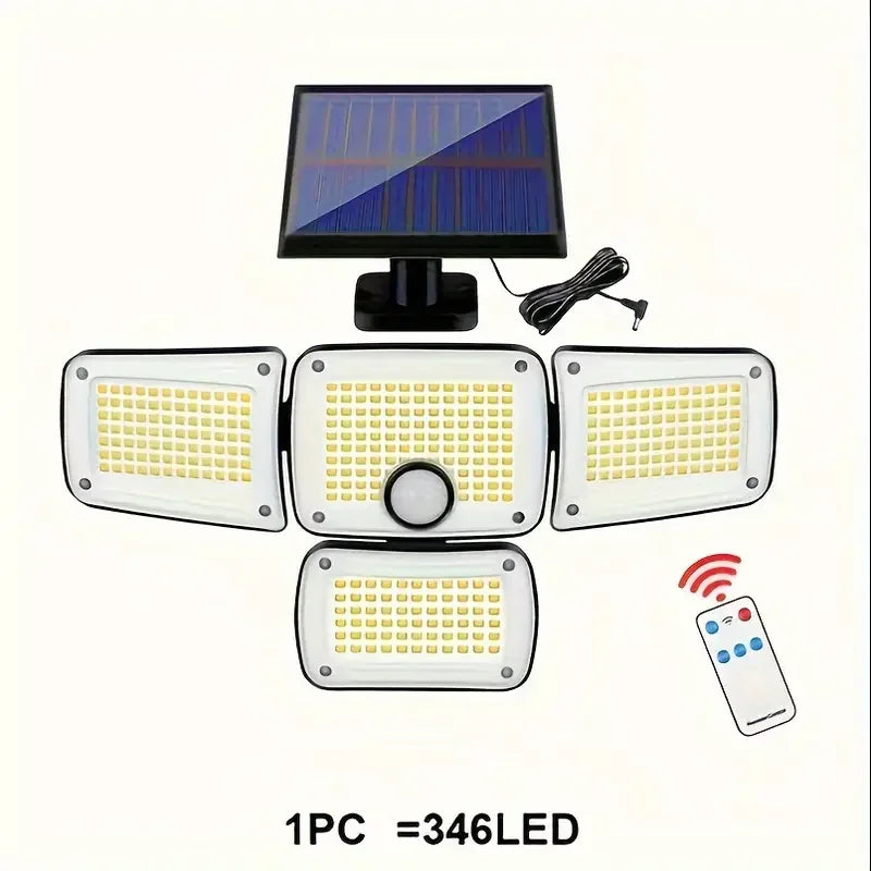 Solar Lights Outdoor 346 LED Solar Wall Lamp with Motion Sensor 3 Modes Waterproof 4 Heads Security Floodlight for Yard Garage