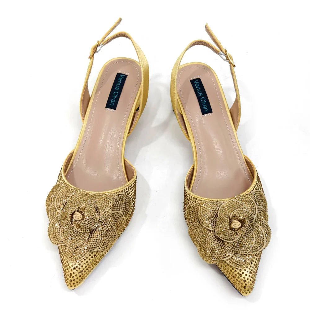 Women's Pointed-Toe Large Flower Decoration Rhinestone Low Heel Italian Shoes and Bags Set