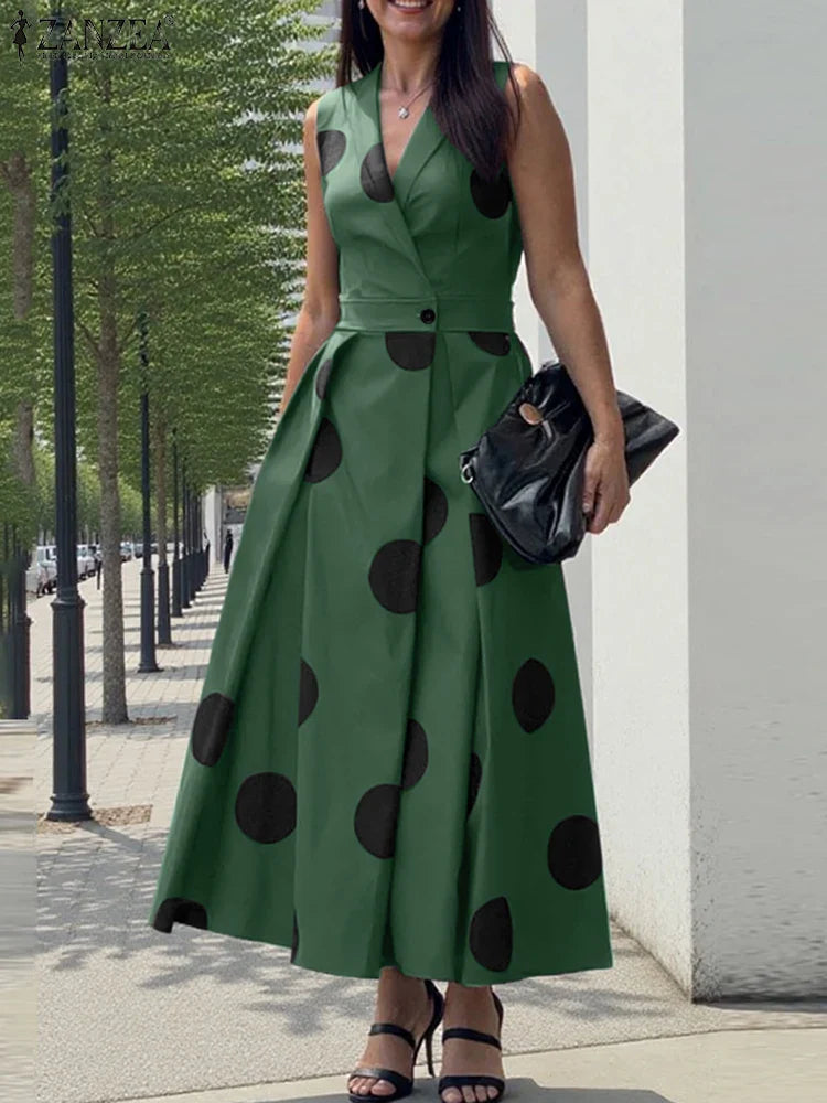 ZANZEA Summer Office Lady Sundress Woman Stylish Polka Dot Maxi Dresses Elegant Party Dress Fashion Sleeveless Holiday Robe 2025