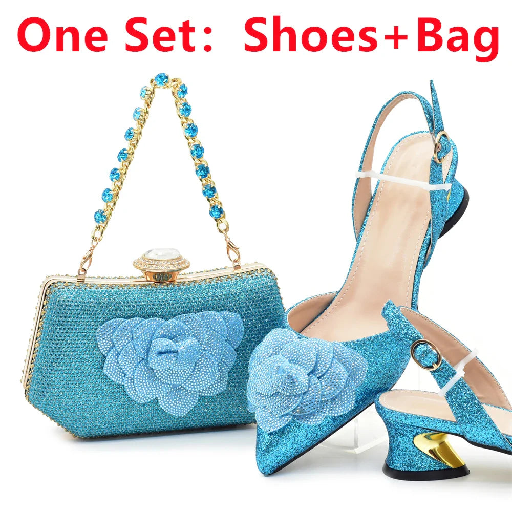 Women's Shoe and Bag Set Latest Luxury Italian Rhinstone Design for Wedding and Party