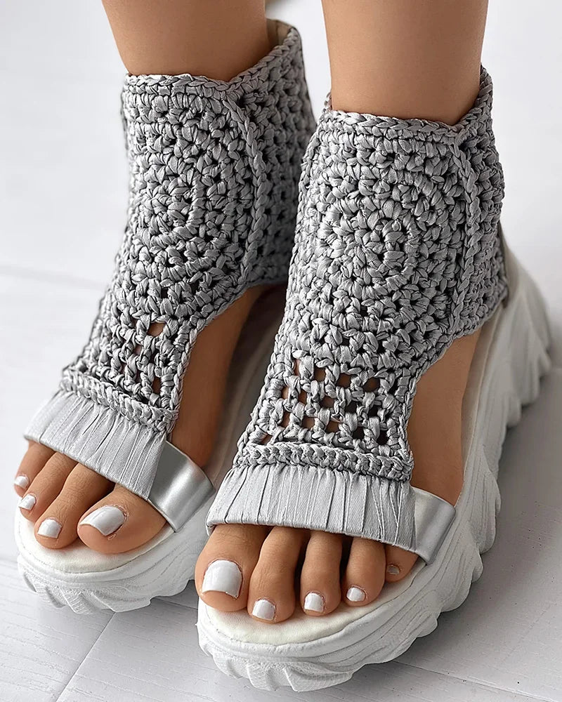 2024 Hot Seller New Gold Knitted Sandals for Women Braided Elastic Summer Shoes Mesh Flat Bottom Hollow Out Female Sandals