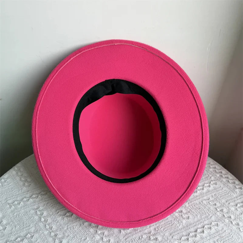 Women's Fashionable Fedora Hat 10CM Wide Brim Flat Top Felt Hats For Wedding And Jazz