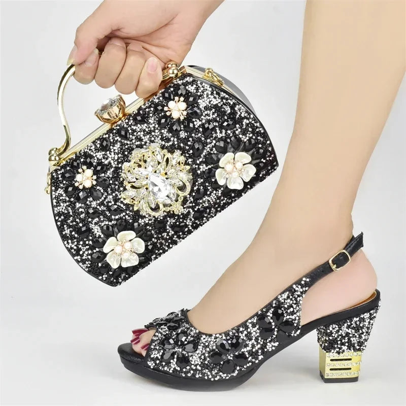 Italian Shoes and Bags Matching Set with Rhinestone Plus Size Shoes Luxury Italian Shoe and Bag Set 2025 Wedding Shoes Bride