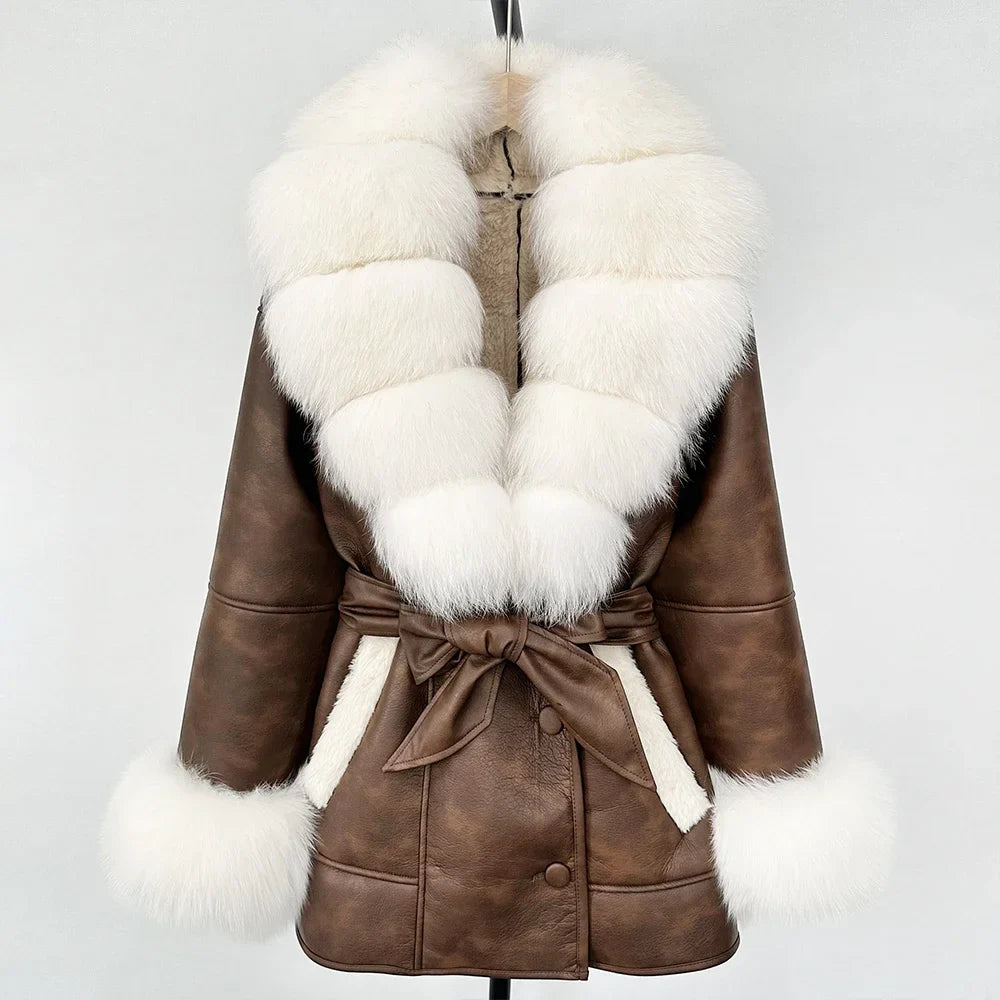 Women's Large Faux Fur Leather Jacket Warm Autumn Winter Outwear High Street Style Thick Warm Fur Turn-Down Collar Single Breasted