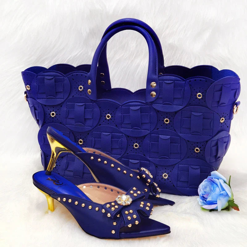 2022 Rivet Style  Women Shoes and Bag to Match in Color matching High Quality Nigerian Design Matching Shoes and Bag