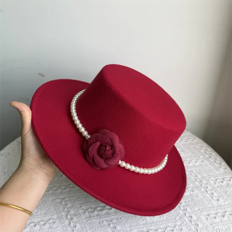 Women's Fashionable Fedora Hat 10CM Wide Brim Flat Top Felt Hats For Wedding And Jazz