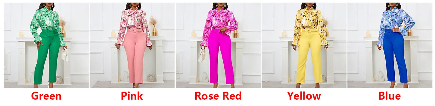 Fashion Print Two Piece Set Women Office Suits Tie Bow Neck Button Shirt + Belt Pencil Pants Elegant Slim Lady Sets Casual shirt