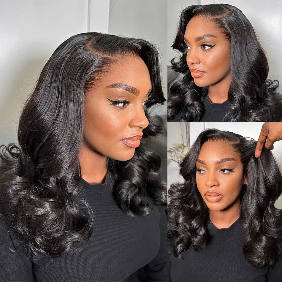 13x4 Short Body Wave Lace Frontal Bob Wig 200% Density Brazilian Remy 100% Human Hair Transparent Lace Wigs For Women 12 14 Inch