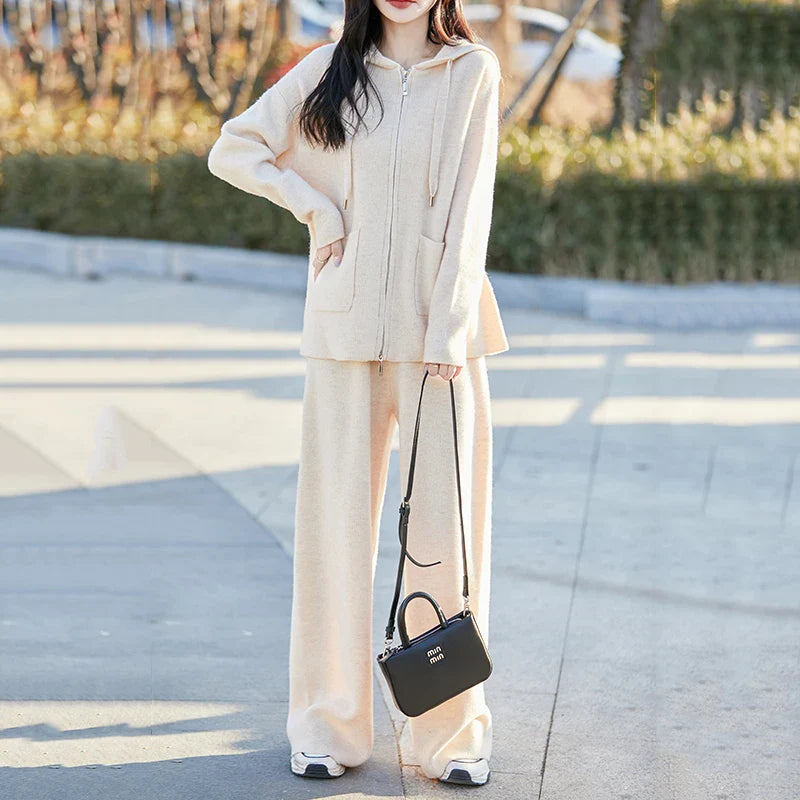 100% Merino wool fall/winter new women's sweater crewneck hooded Cardigan Fashion all-in-one warm pants suit
