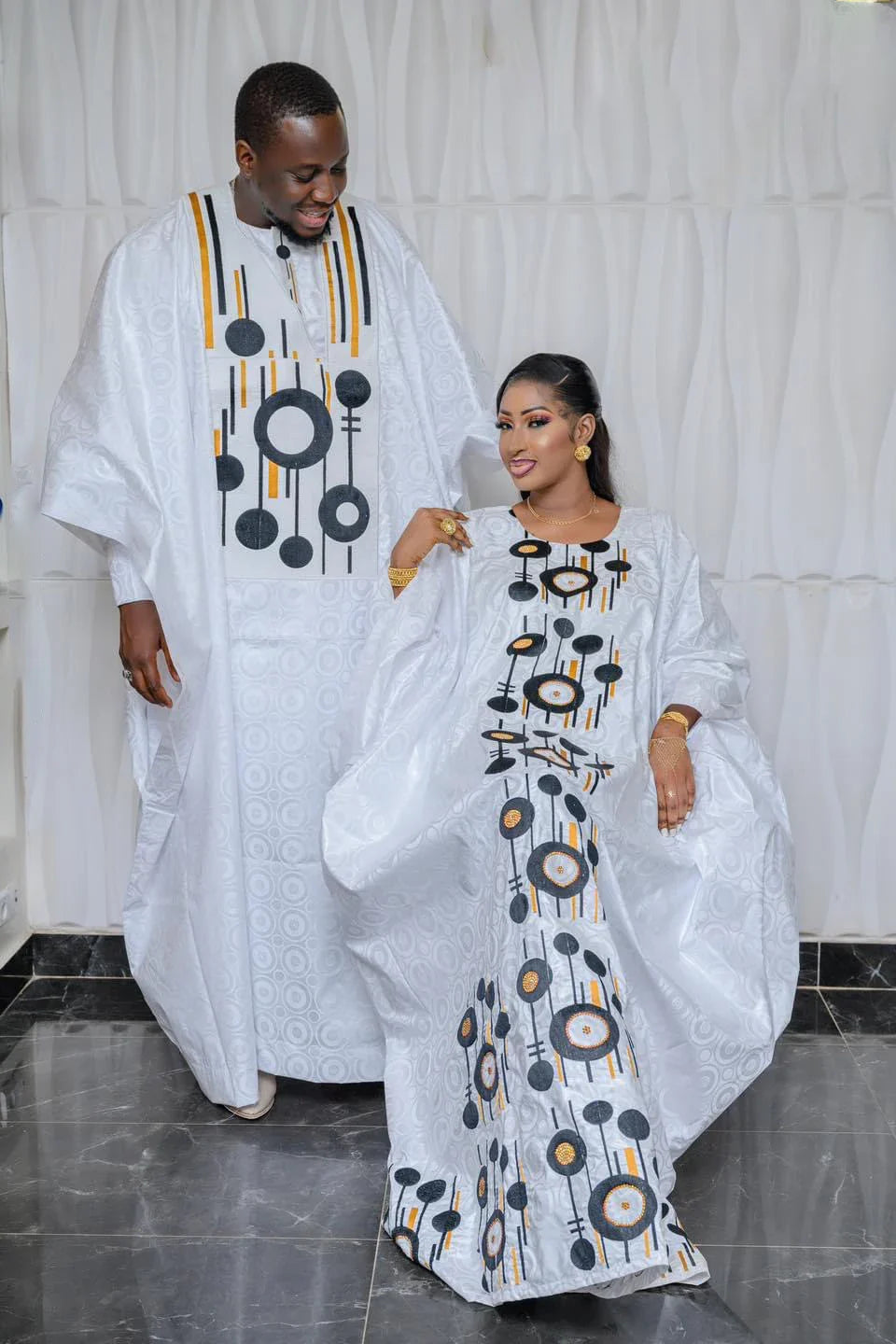 African Dresses For Women Bazin Rich Embroidery Design Floor Length With Scarf Couple Design
