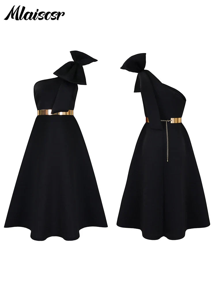 Mlaiscsr Woman One Shoulder Bow High Waisted Birthday Party Wedding Elegant A Line Pleated White Mid Dresses with Belt Outfits