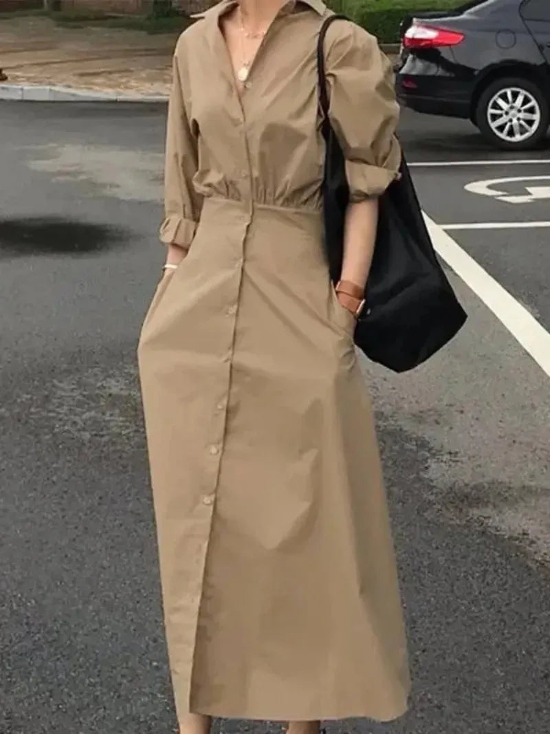 Modigirl Women Summer Long Dresses 2025 Spring Fall Clothes Blue Puff Sleeves Botton Simple Casual Maxi Shirts Dresses for Women