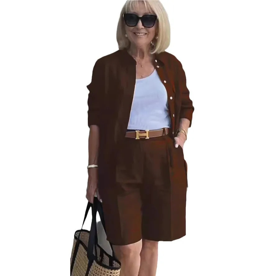 2025 Elegant 2-Piece Sets For Women Womens Cardigan Shirt Top Summer Solid Color Casual Shorts Two Piece New In Matching Sets