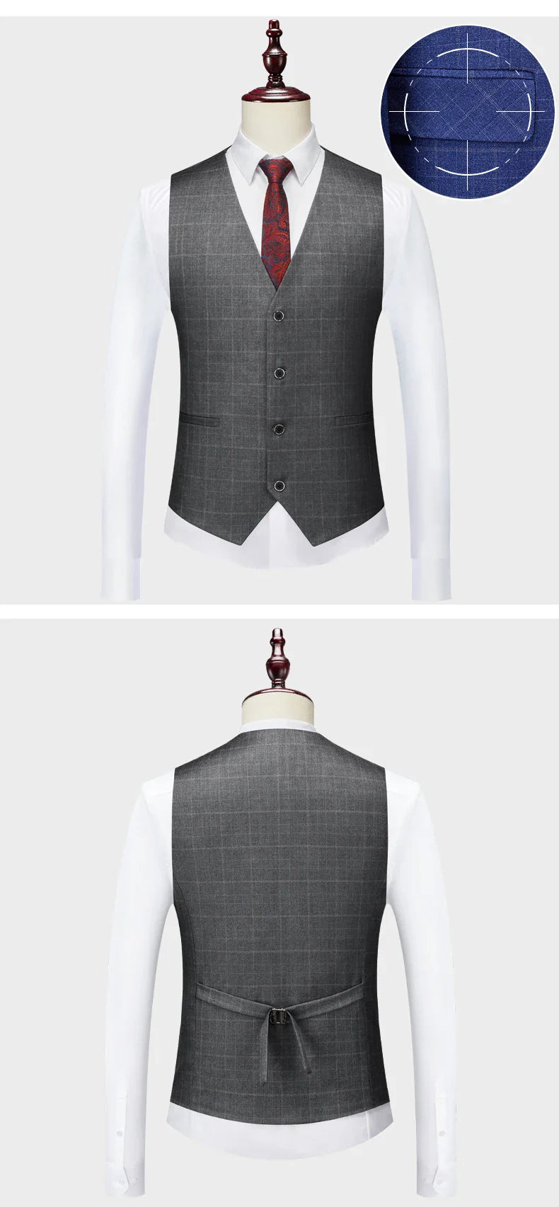 High-end Brand Classic Blue or Gray Plaid Men's Casual Business Suit Retro Official Suit Groom Wedding Dress Jacket Vest Pants
