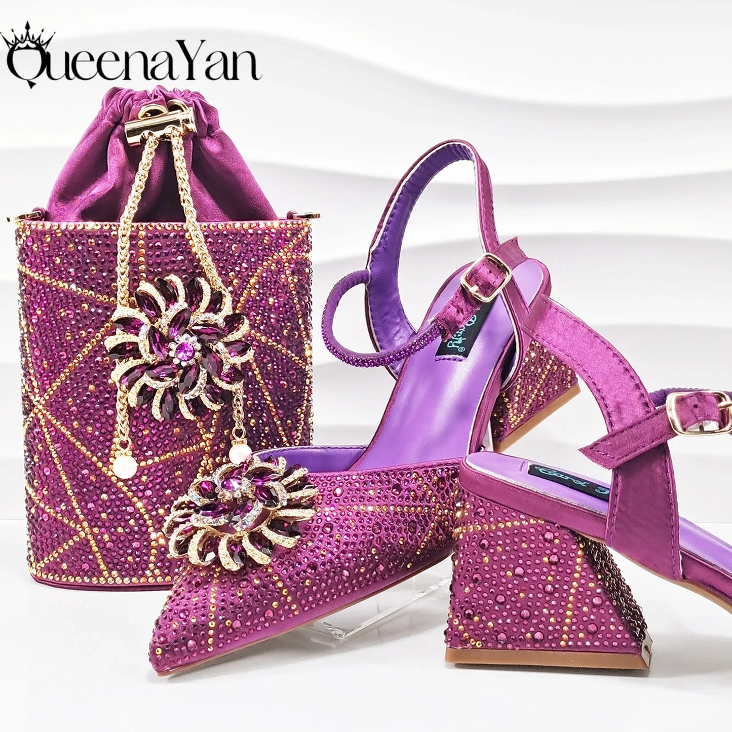 QSGFC High-end Women's Shoes with Diamond Oval Stand Bag Popular in Nigeria Women's High Heels for Special Day