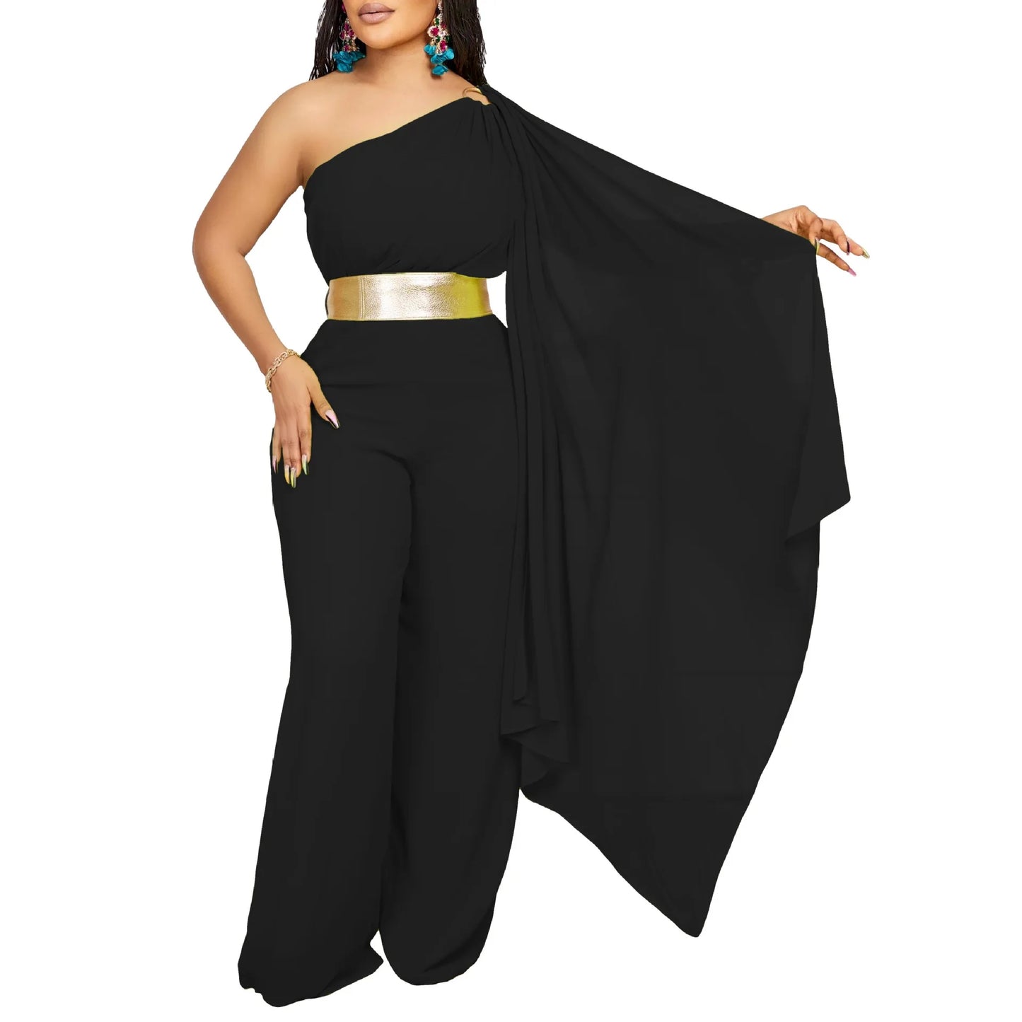 Elegant Jumpsuits & Rompers for Woman One Shoulder Flying Sleeve High Waisted Luxury Birthday Party Dinner Outfits Overalls 2024
