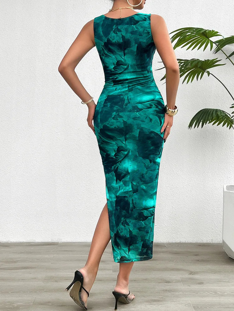 Women's 2024 Spring Summer New Fashionable Printed Round Neck Style Slimming Sleeveless Tight Dress With Split Bottom