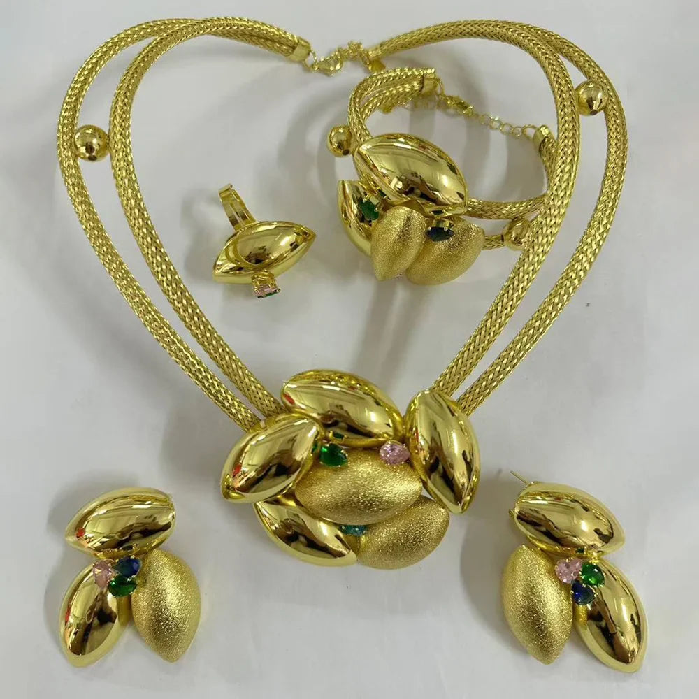 Dubai Gold Color Jewelry Set for Bridal 18K Gold Color Big Necklace and Stud Earrings African Elegant Party Bangle Ring Jewelry