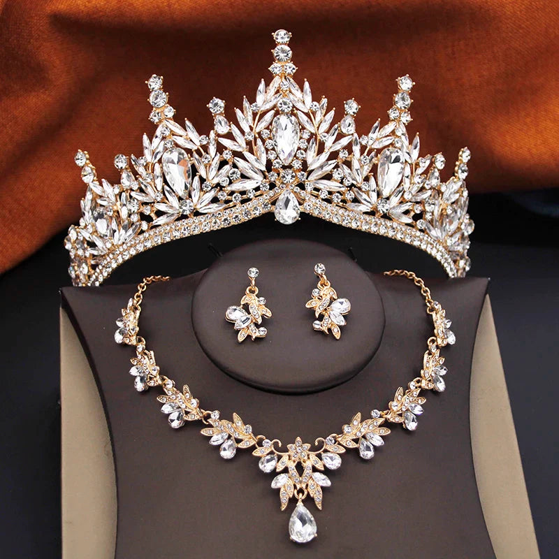 3 Pcs Princess Wedding Crown Jewelry Sets and Tiaras Green Pink Bride Necklace Earrings Set Girls Prom Birthday Accessory