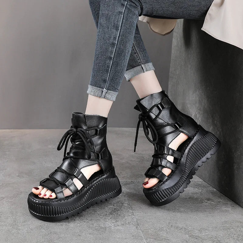 Koznoy 8cm Ethnic Cow Genuine Leather Ankle Booties Women Hollow Peep Toe Platform Wedge Breathable Zip Summer Fashion Shoes