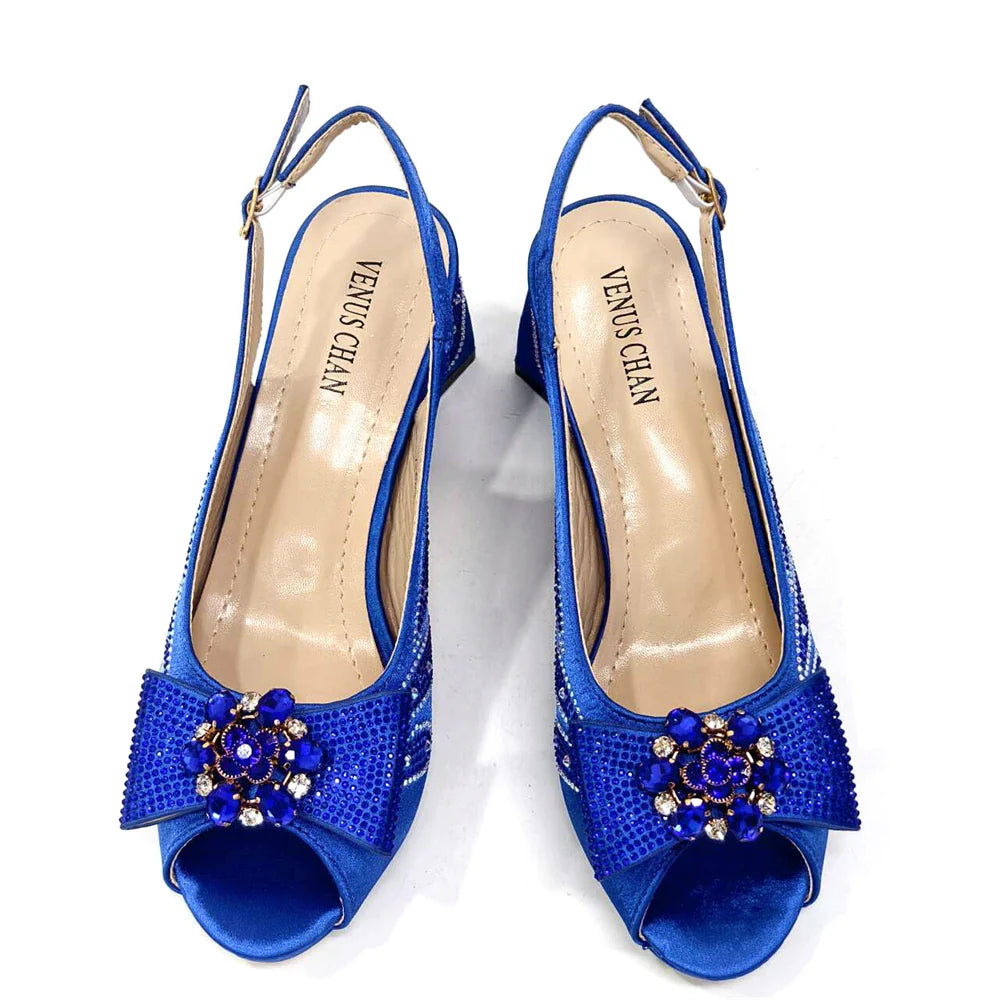 Venus Chan-Italian Shoes and Bags Matching Set for Women Bow Rhinestones Peep Toe High Heels Purple Color Nigerian Party 2024