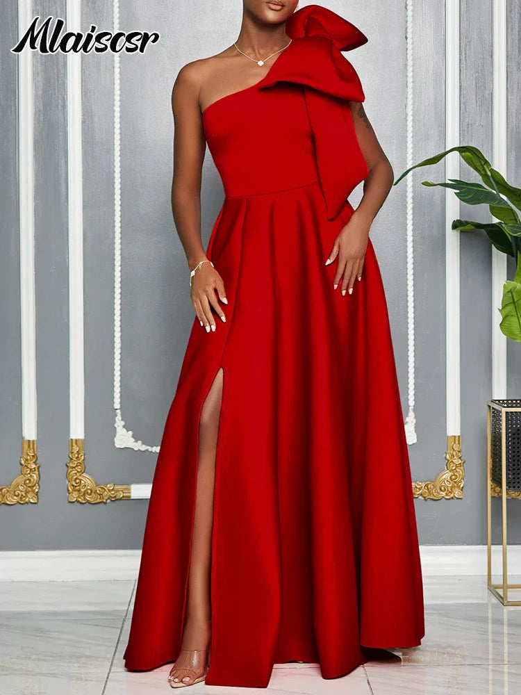 Mlaiscsr Slash Collar One Shoulder Big Bow A-Line Evening Dresses Women Elegant Red African Pleated Wedding Party Birthday Robe