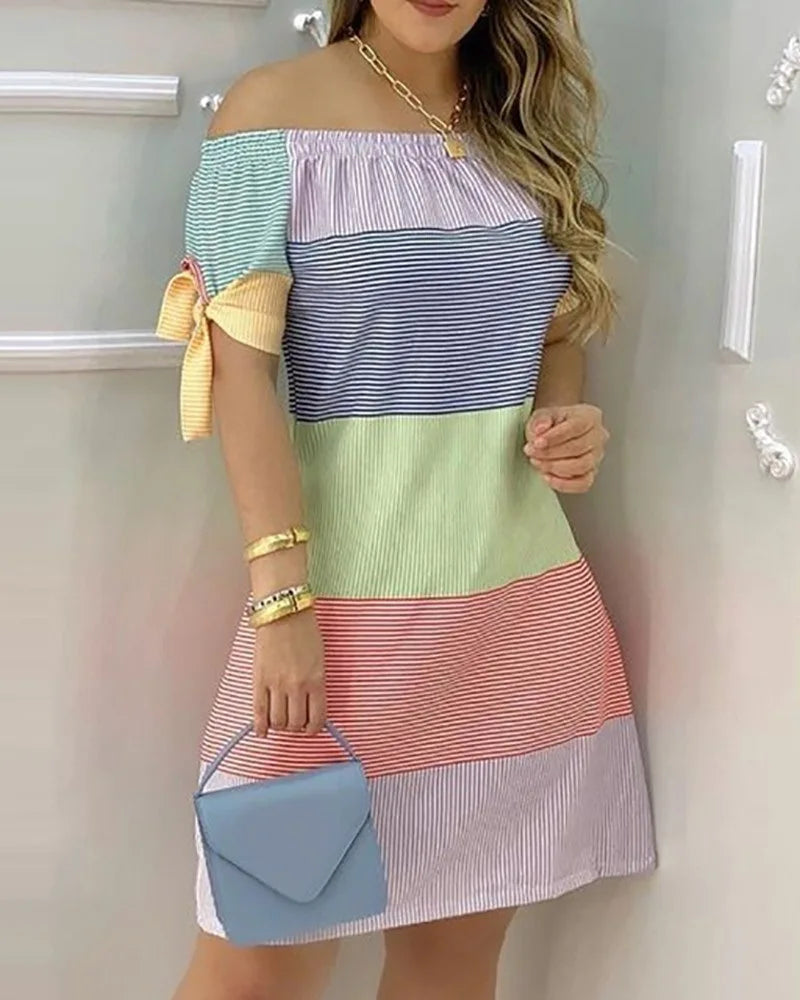 Fashionable Sexy Women's Print Dress Women's Word Shoulder Short -sleeved A -line Dress Ladies Off The Shoulder Mini Dresses