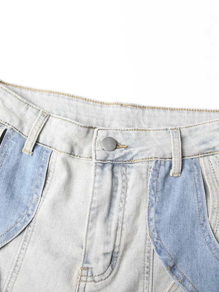 Women's Crisscross Streetwear Denim Trousers With High Waist Patchwork