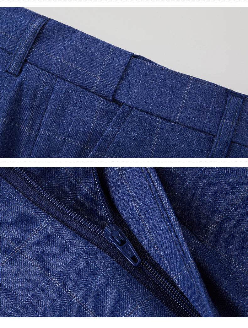 High-end Brand Classic Blue or Gray Plaid Men's Casual Business Suit Retro Official Suit Groom Wedding Dress Jacket Vest Pants