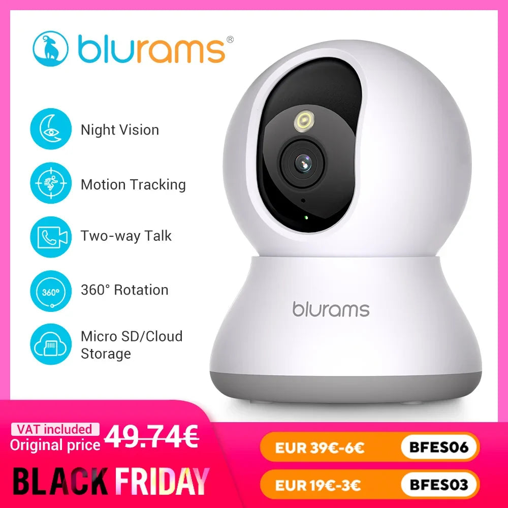 Blurams 2.4＆5G WiFi Indoor Camera, 2K, 360° PTZ Pet Dog IP CCTV Camera with Phone App, 2-Way Talk, Night Vision, for Home Securi