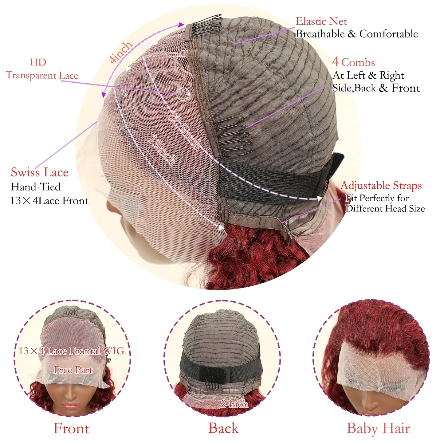99J Burgundy Color 14Inch Water Wave 13x4 Bob Wig For Women Brazilian Pre Plucked Transparent Lace Human Hair Bob Wigs