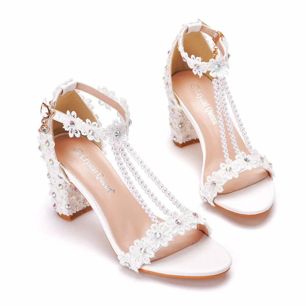 Plus Size 34-43 Shoes for Women Summer Lace Flower Sandals Peep Toe Fashion String Bead High Heel Party Wedding Evening Shoes