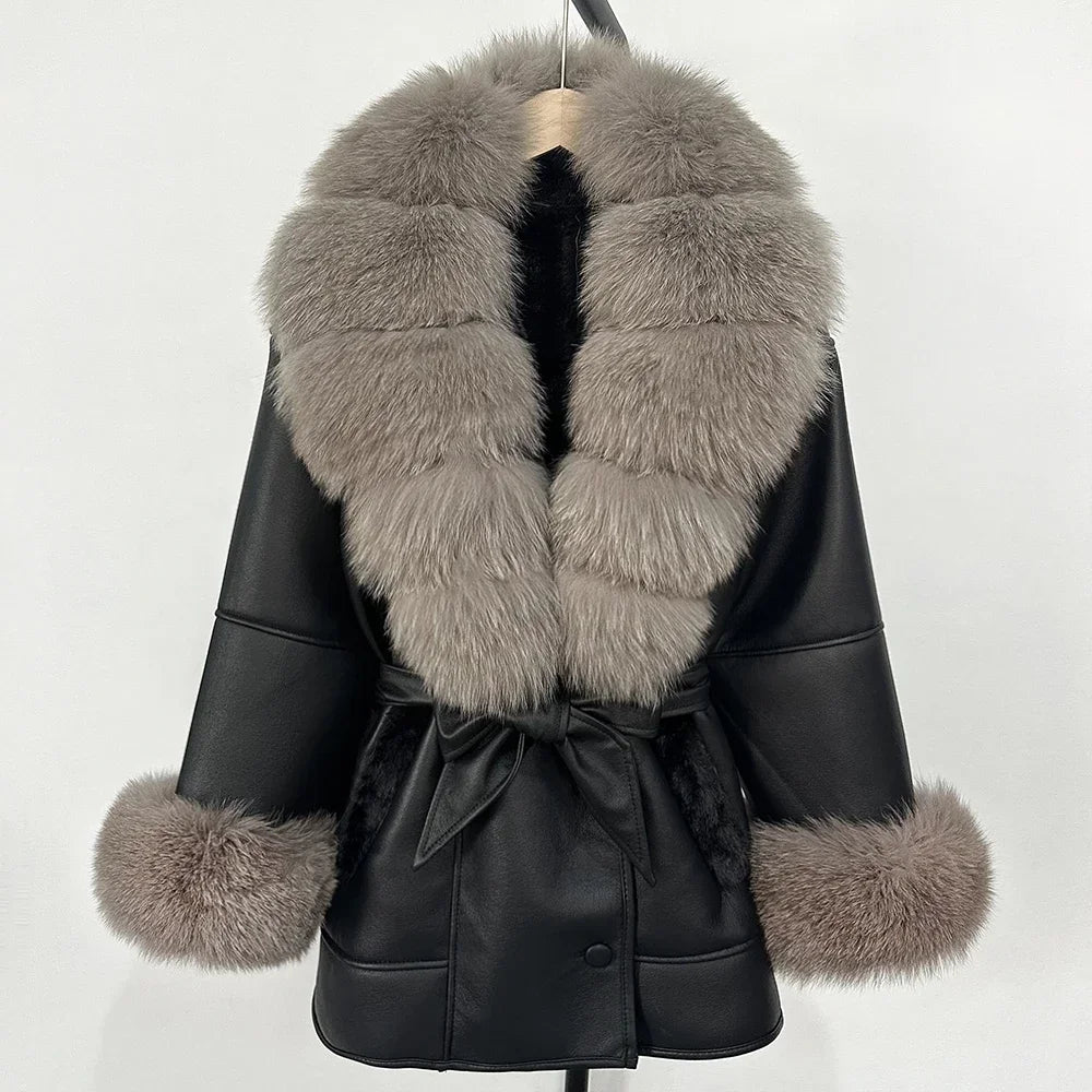 Women's Large Faux Fur Leather Jacket Warm Autumn Winter Outwear High Street Style Thick Warm Fur Turn-Down Collar Single Breasted