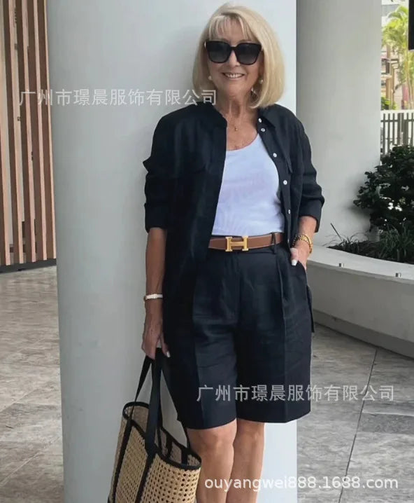 2025 Elegant 2-Piece Sets For Women Womens Cardigan Shirt Top Summer Solid Color Casual Shorts Two Piece New In Matching Sets