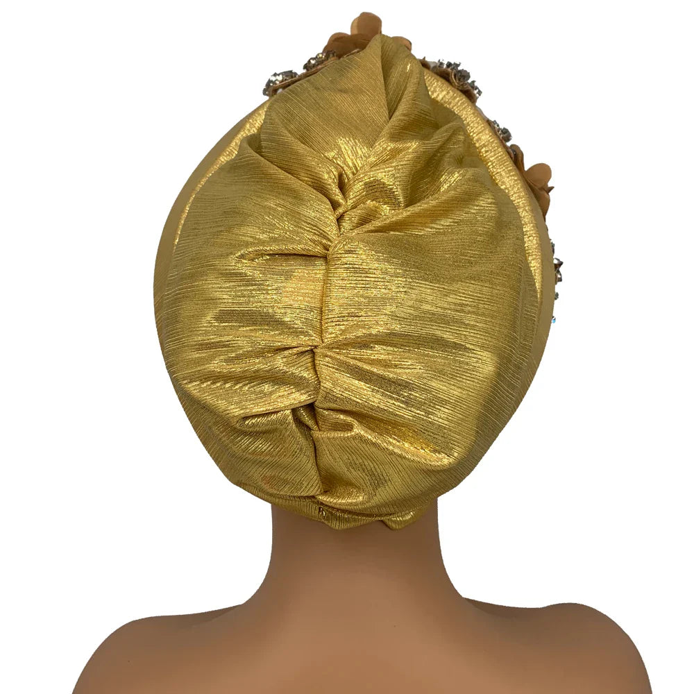 2024 New African Women's Turban Cap Nigeria Auto Gele Headtie Already Made Wedding Geles Female Head Wraps with Diamond Flower
