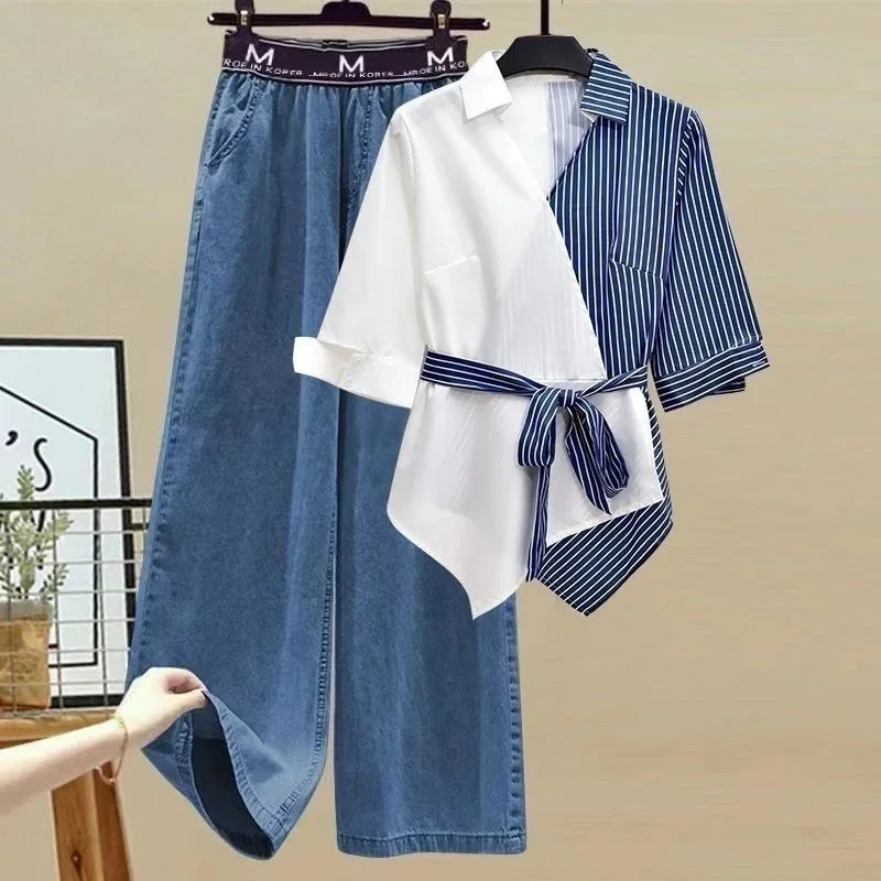 Fashion plus Size Women's Summer Casual Set Patchwork Fake Two-Piece Shirt Slimming with Pants Two-Piece Set Skirt Ensemble