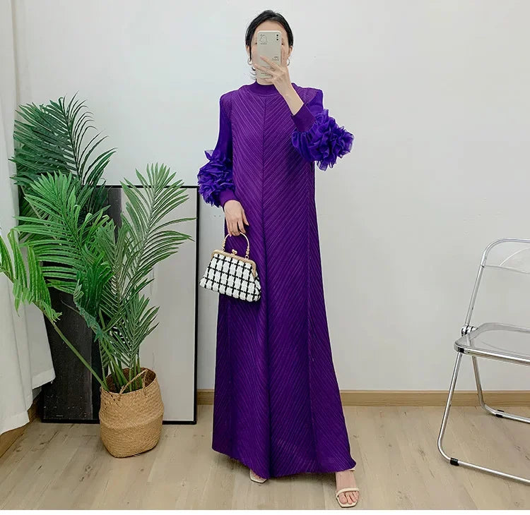 Pleated Maxi Long Dress Mesh Petal Sleeve Half Turtleneck Formal Dresses for Women 2024 New Hot Sales
