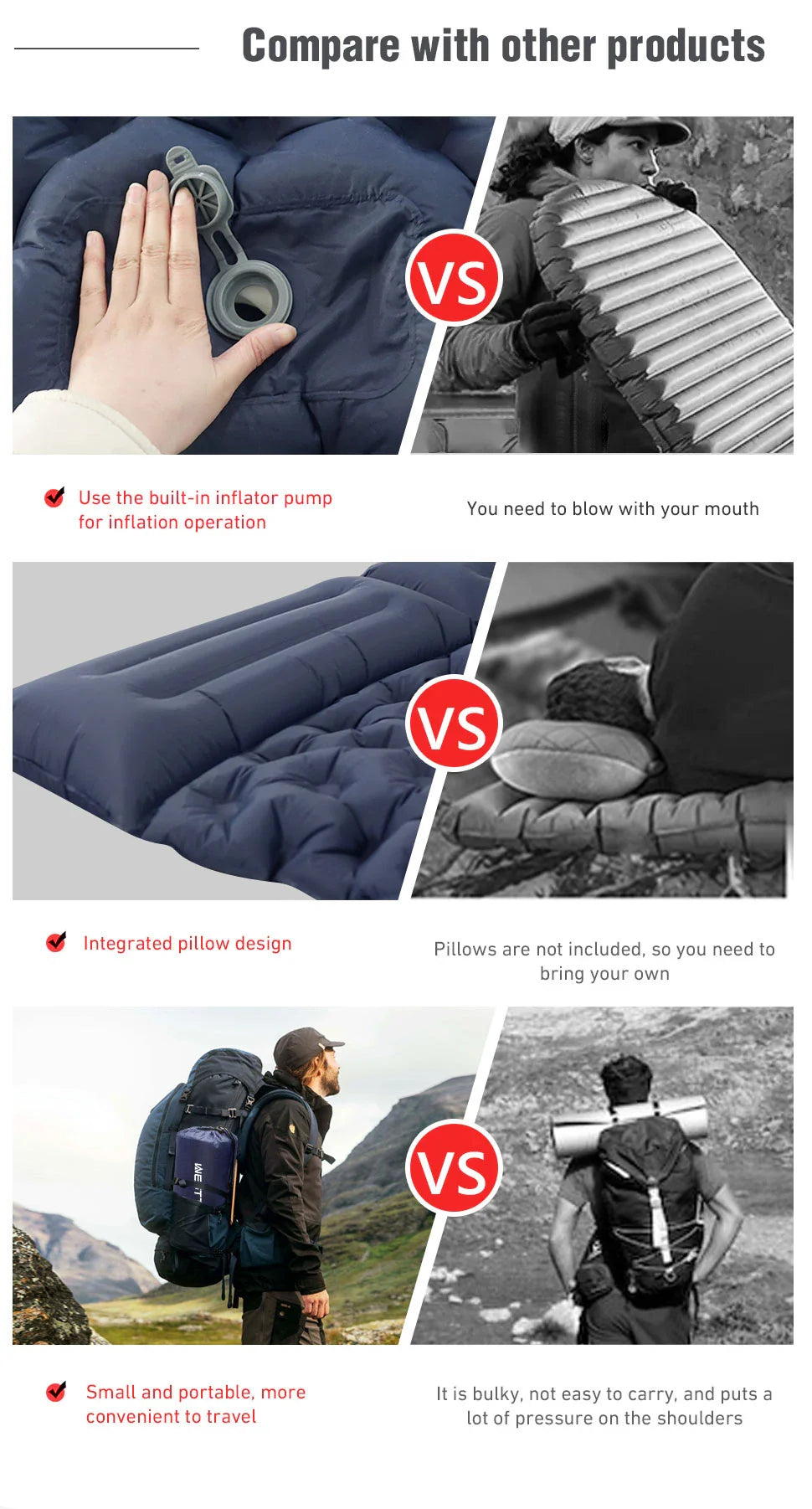 WESTTUNE Double Inflatable Mattress with Built-in Pillow Pump Outdoor Sleeping Pad Camping Air Mat for Travel Backpacking Hiking