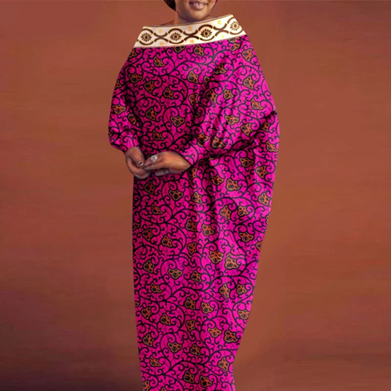 Women's Bohemian Printing Maxi Dress Long Bat-wing Sleeve Elegant Casual Round Neck