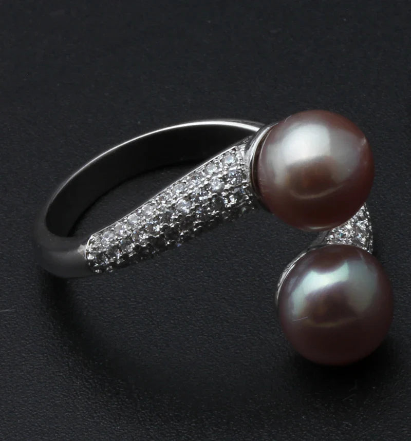 Beautiful Natural Double Pearl Rings For Women,Wedding 925 Silver Pearl Ring Adjustable Wife Mother Birthday Gift White Black