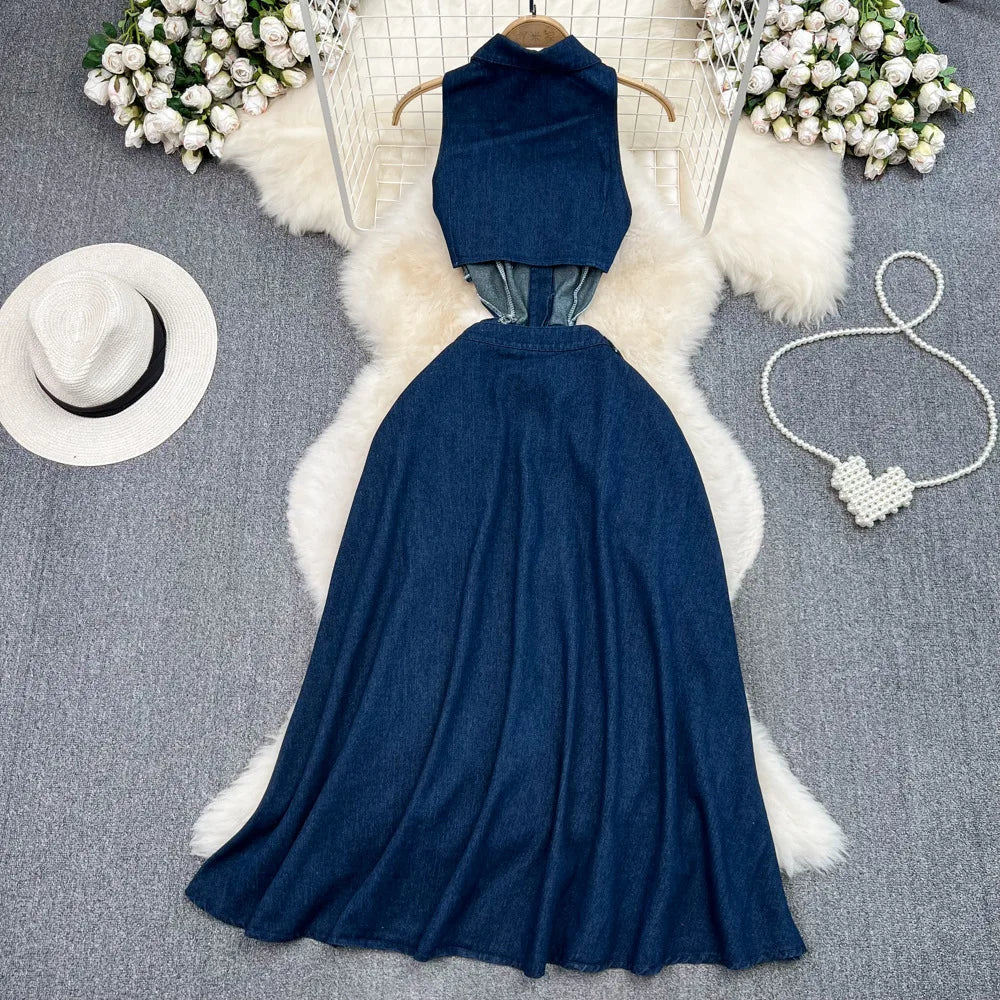 Denim Dress Women Long Dresses Turn Down Collar Sleeveless Party Club Hollow Out Jeans High Waist Slim Single Breasted Vestidos